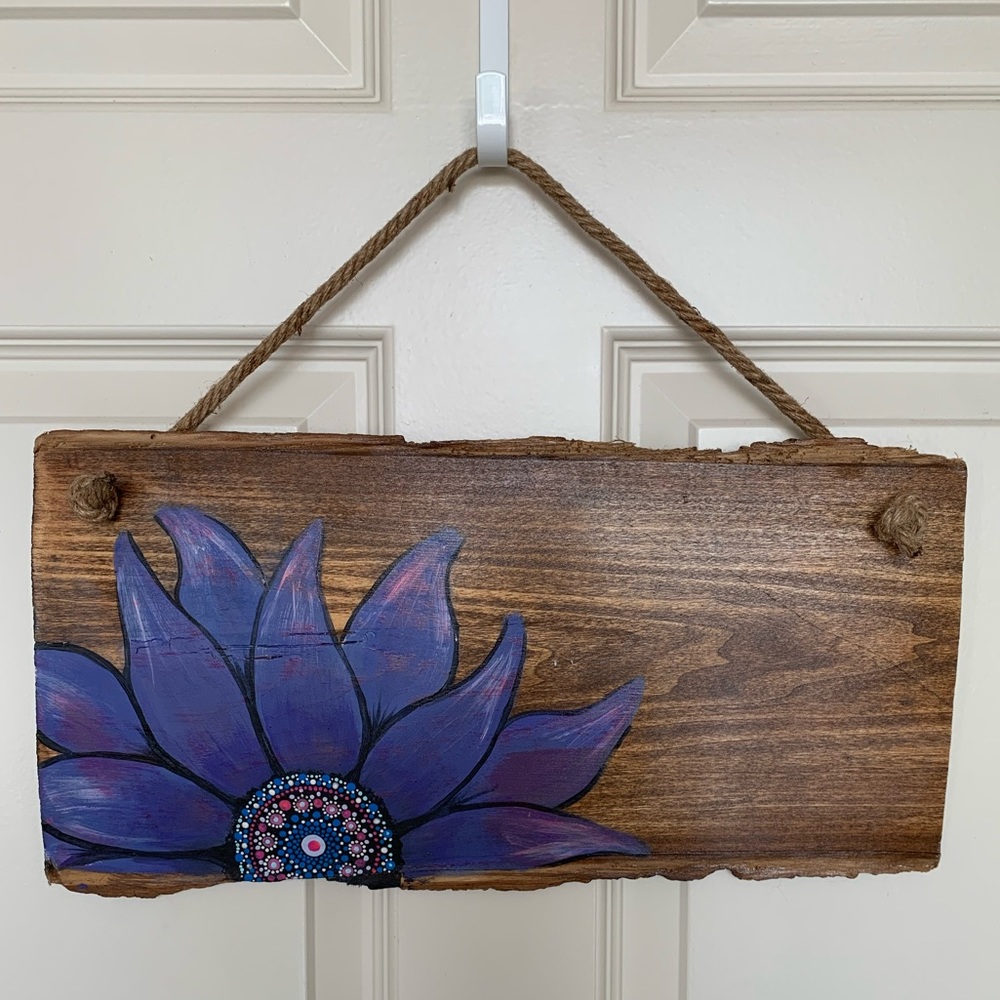 Hand-Painted Purple Flower Porch Sign | Mandala Center | Rustic Home Decor
